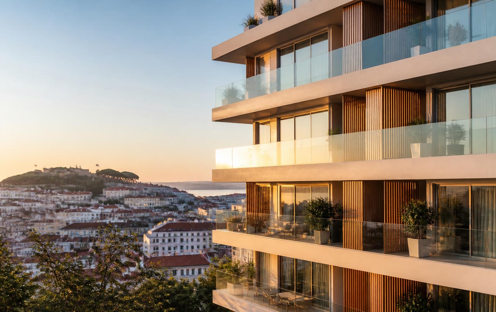 Edifício residencial moderno em Lisboa ao final do dia